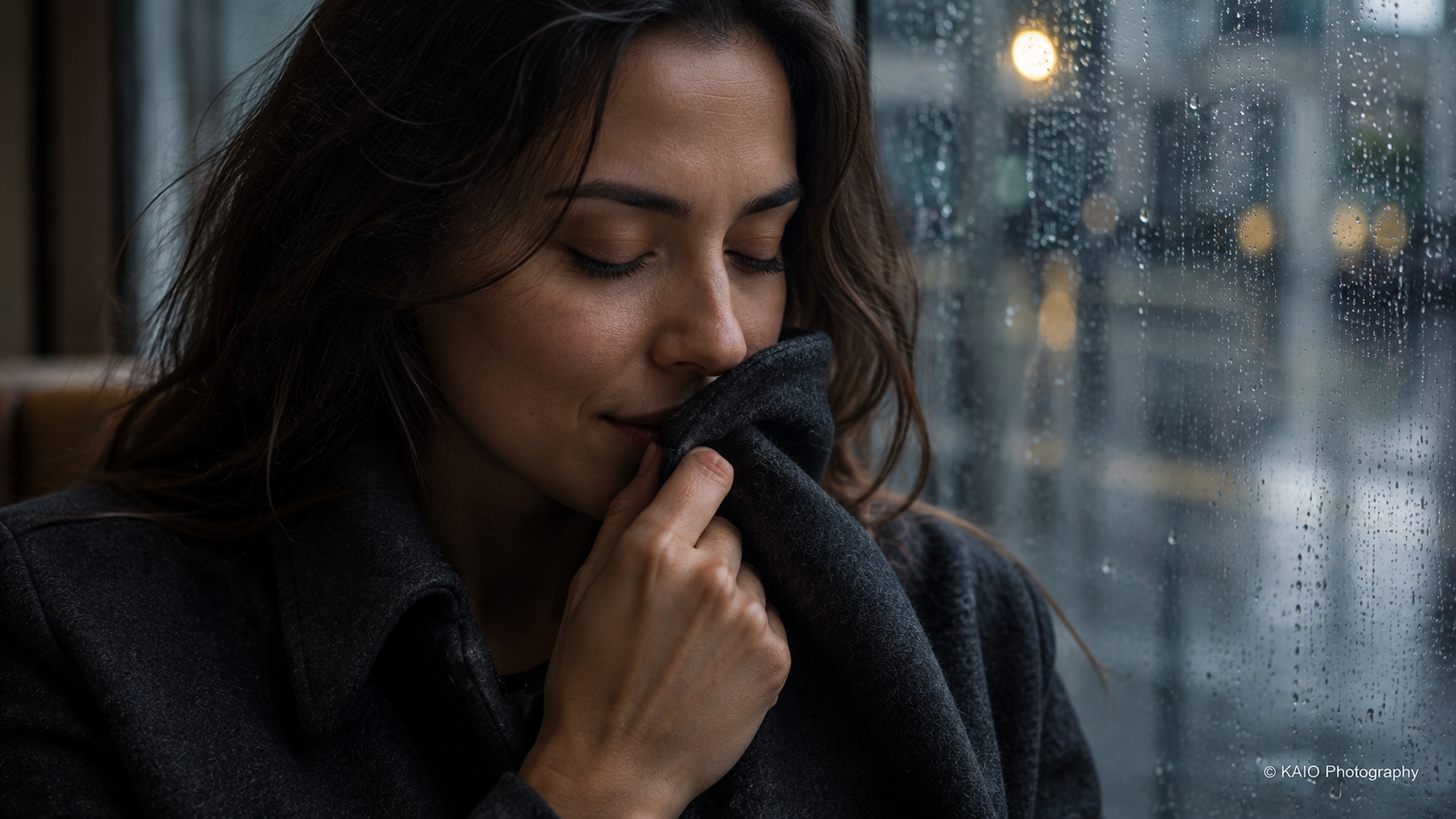 Woman beside a rain-covered window