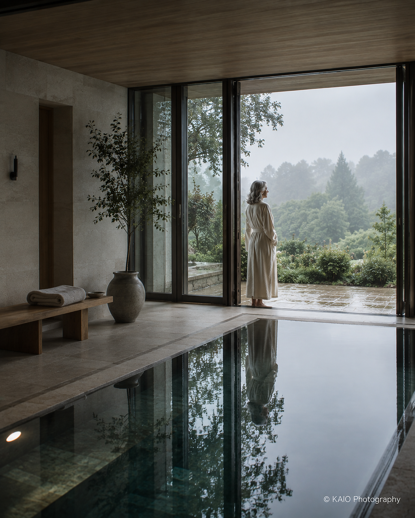 Woman overlooking a misty landscape from a luxury spa
