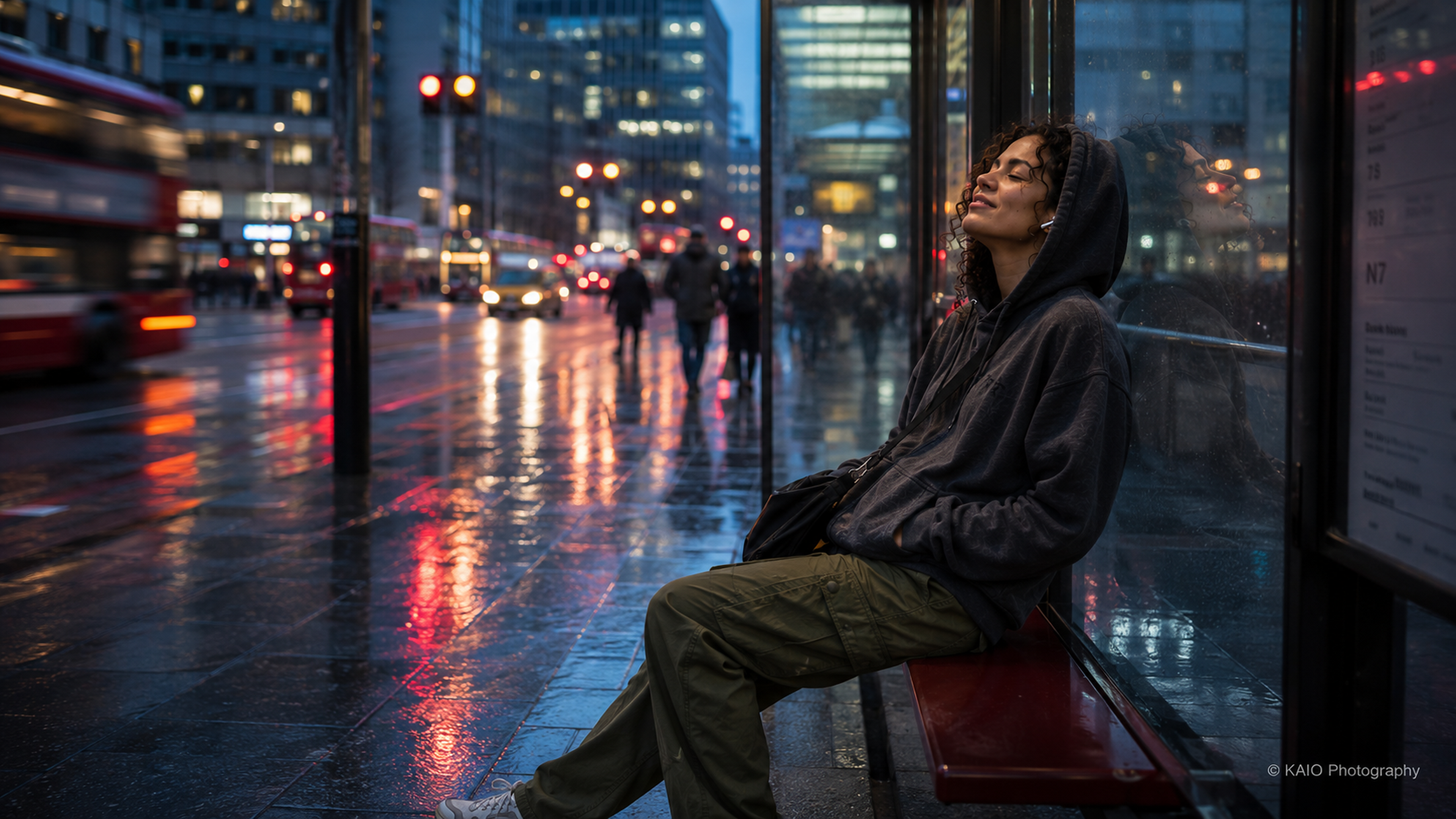 Woman listening to music at a rainy city bus shelter