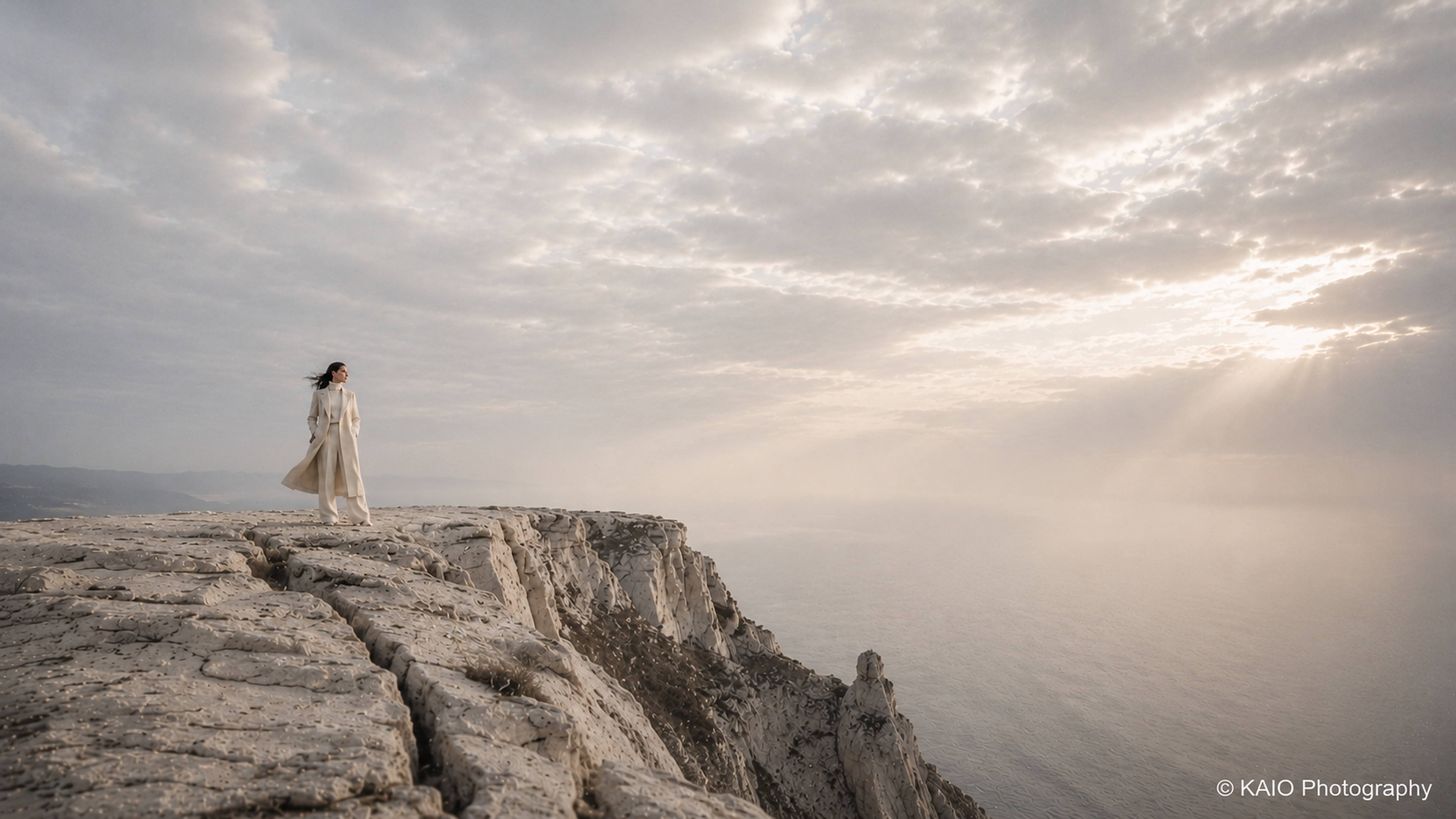 Woman wearing white tailoring on a coastal cliff